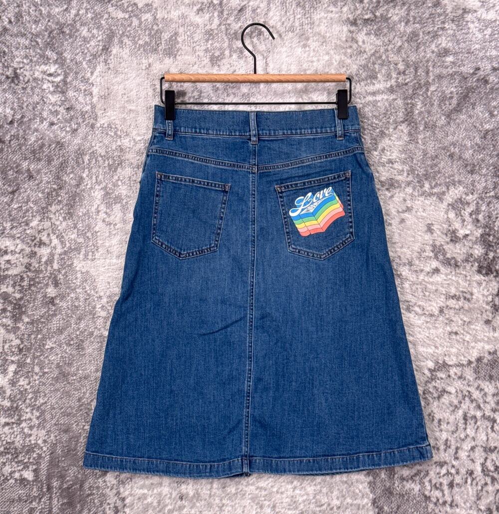 Moschino Denim Midi Skirt 8 Womens Retro Graphic Slit Front
